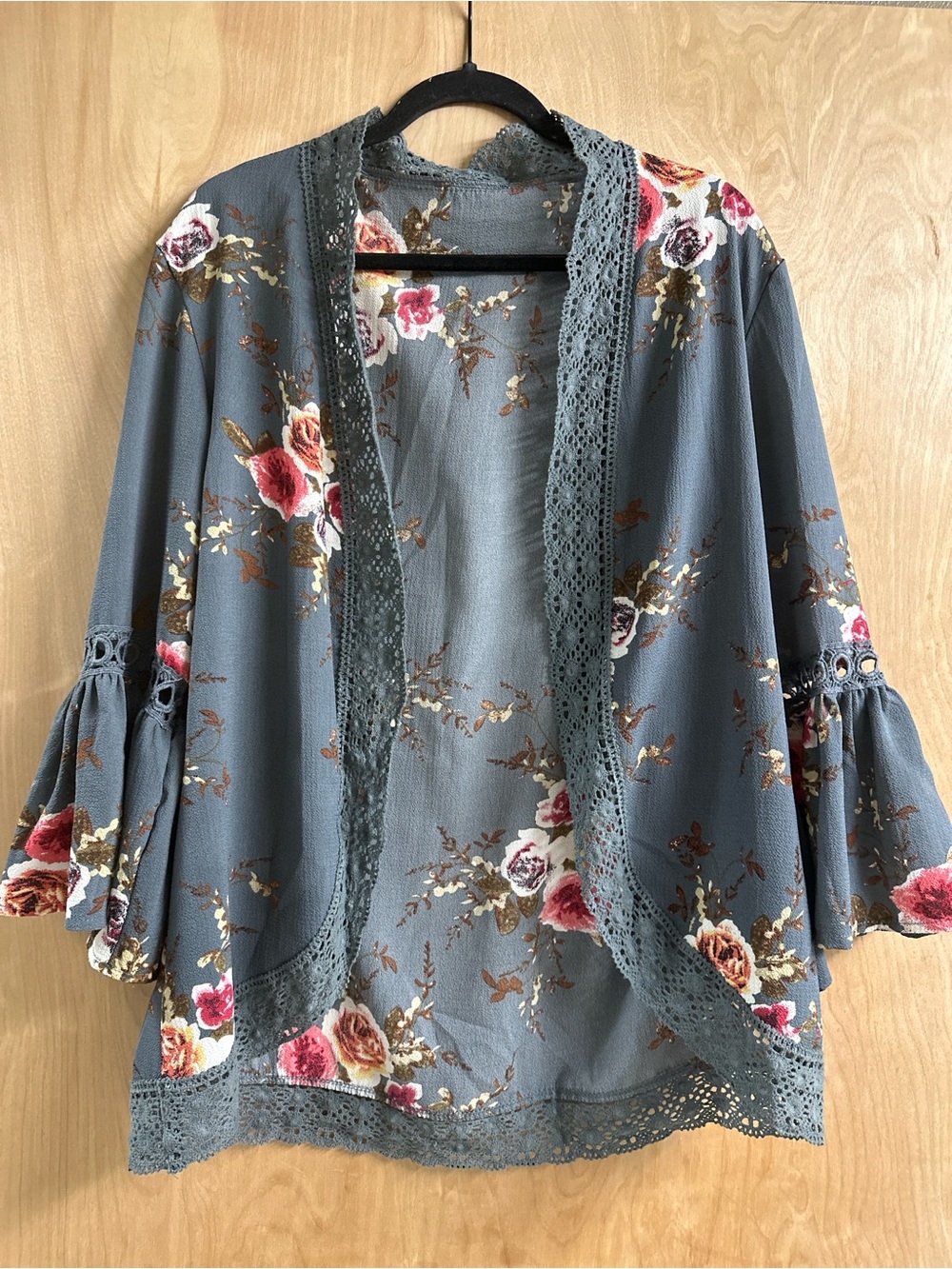 Floral Lace Trim Open Front Kimono - Slate Blue with Pink Roses
